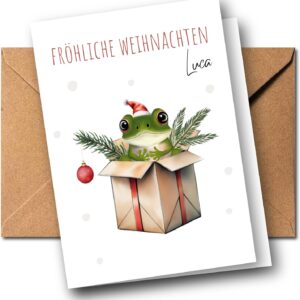 Personalisierte Weihnachtskarte „Tier im Geschenk“ mit Name